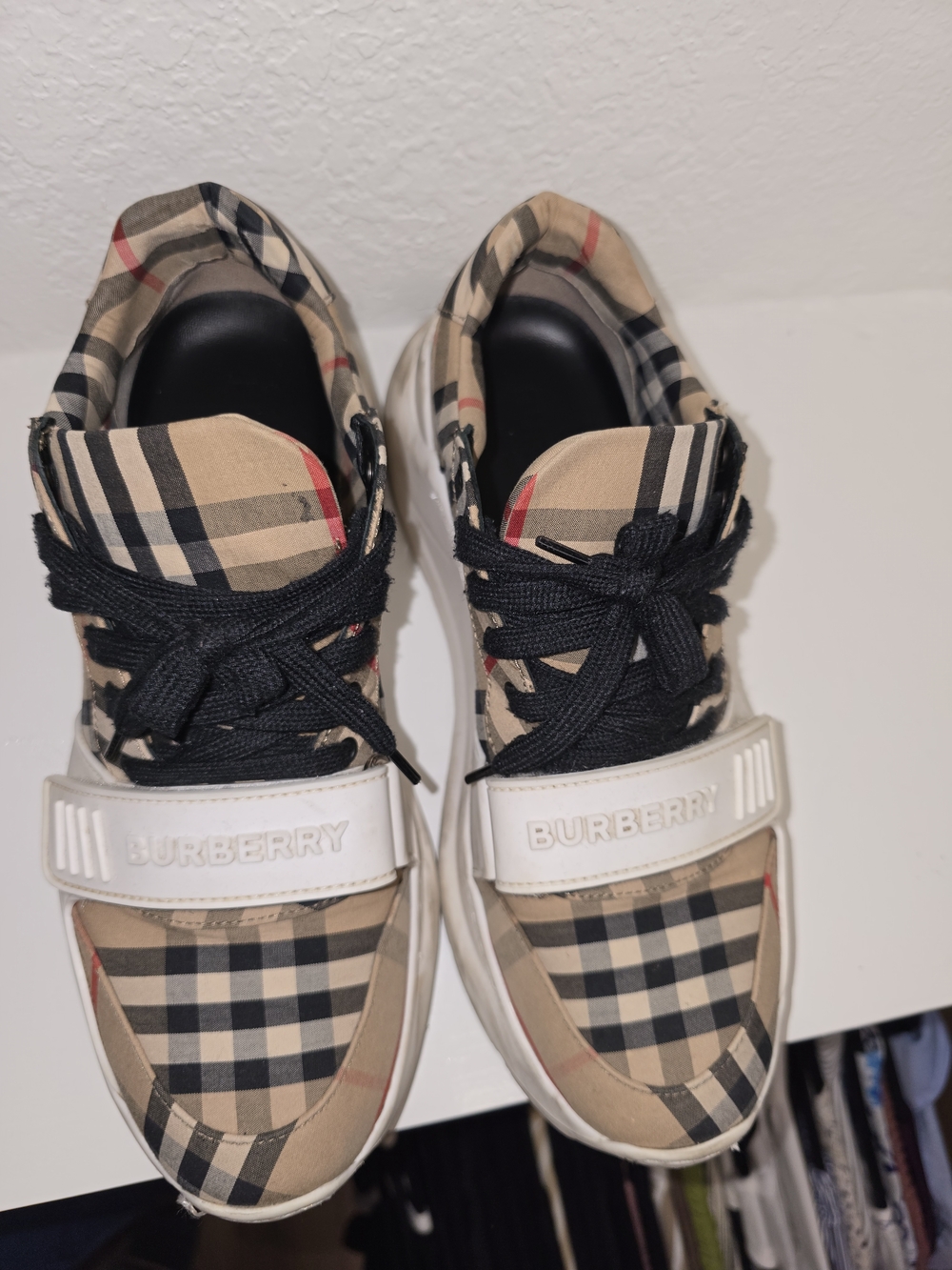 Burberry Tan Plaid Sneakers with Black Laces and Red Accent - Picture 5 of 11